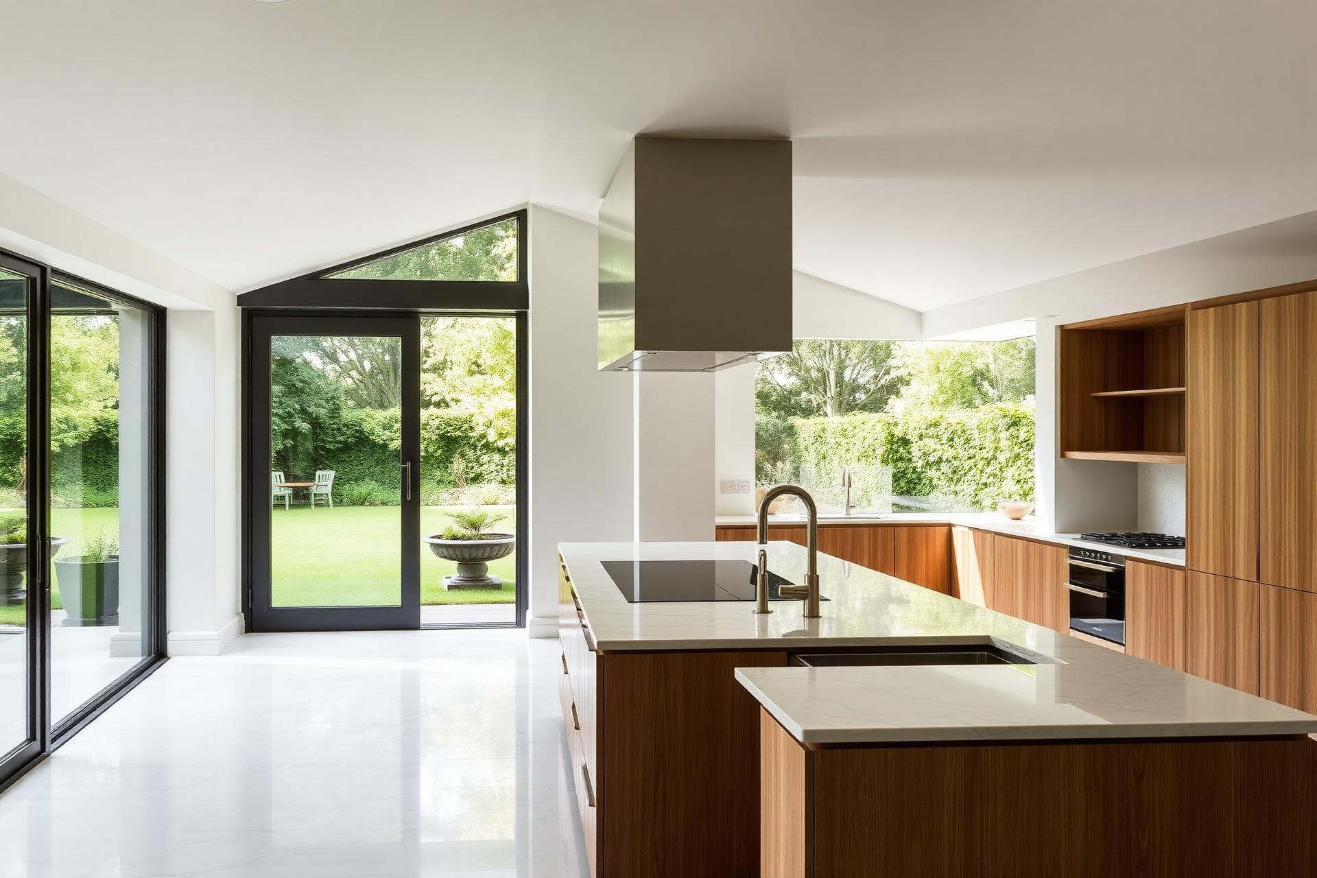 Sunlit modern London kitchen with garden views